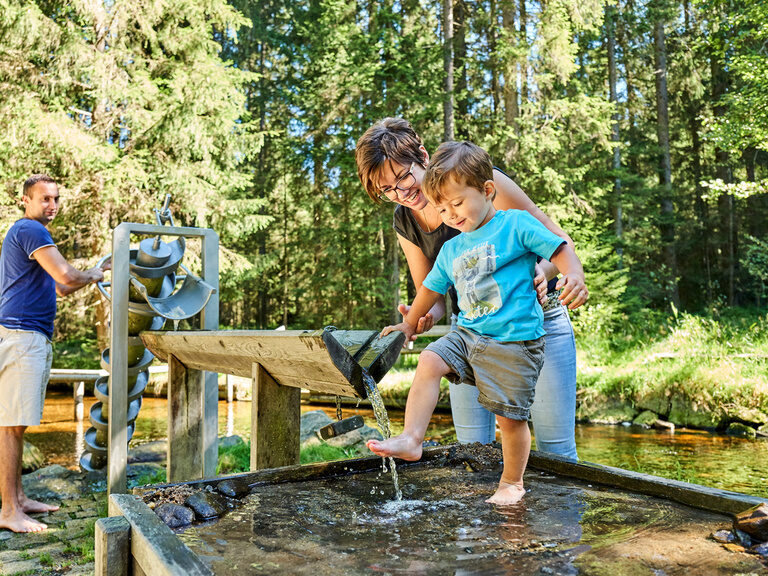 Eine junge Familie ist mit ihrem Kind im Bayerischen Wald in der nähe von Bodenmais auf Erkundungstour.