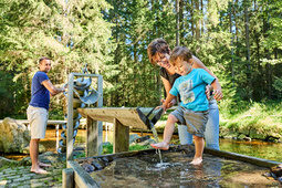 Eine junge Familie ist mit ihrem Kind im Bayerischen Wald in der nähe von Bodenmais auf Erkundungstour.