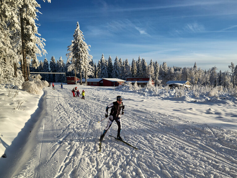 Ein Langläufer im Aktivzentrum Bretterschachten Bodenmais gibt auf dem Schnee Gas.