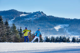 Zwei begeisterte Sportler beim Langlaufen im Bayerischen Winterwald