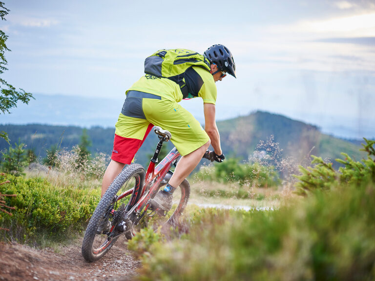 Ein voll ausgerüsteter Mountainbiker ist auf den Waldwegen rund um Bodenmais unterwegs.
