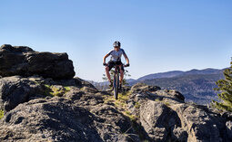 Ein Mountainbiker ist mit seinem Bike auf steinigem Terrain im Bayerischen Wald unterwegs