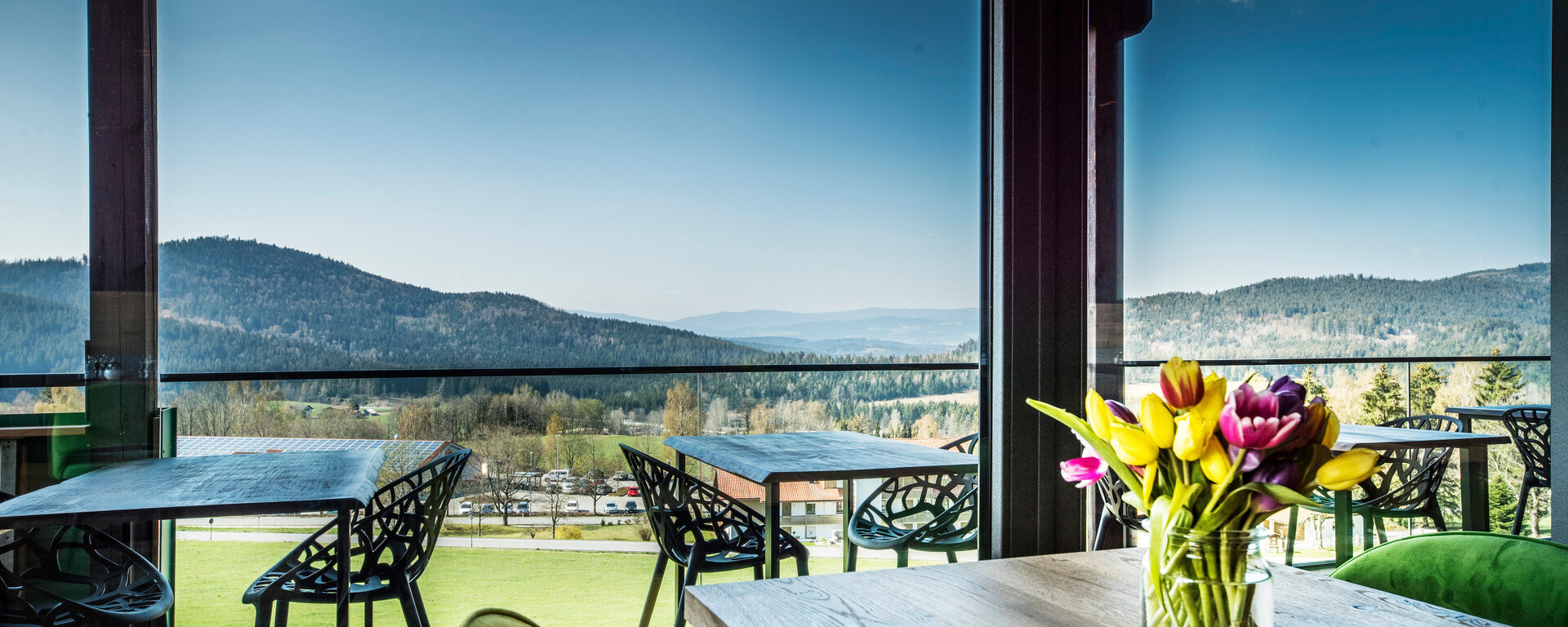 Ein Tisch mit Blumen vor einem großen Fenster mit Panoramablick auf den Bayerischen Wald im natura Hotel Bodenmais.
