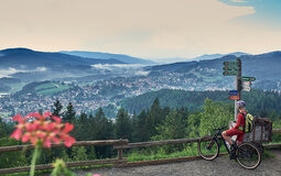 Ein Radfahrer blickt auf einer Aussichtsstelle über Bodenmais und den Bayerischen Wald.