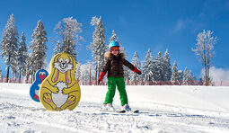 Eine junge Skianfängerin lernt auf einem winterlichen Hang das Ski fahren.