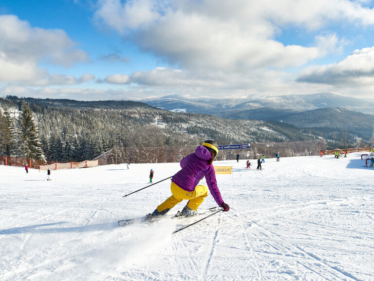 Ein Skifahrer bei einer Abfahrt auf einer Piste in der nähe des natura Hotel Bodenmais